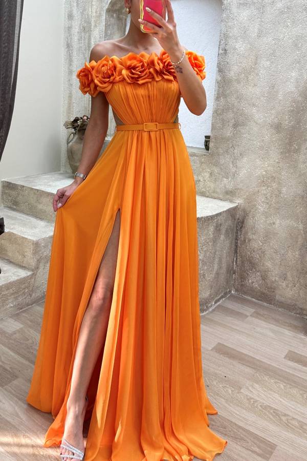 Strapless Chest Rose Waist Detail Design Evening Dress