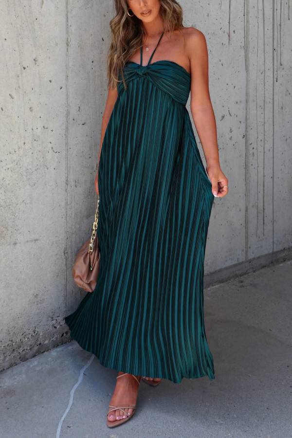 Raise A Toast Satin Plisse Halter Maxi Dress