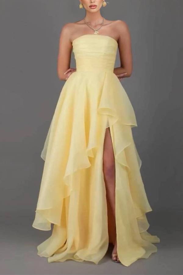 Tube Top Front Slit Multi-layer Maxi Dress