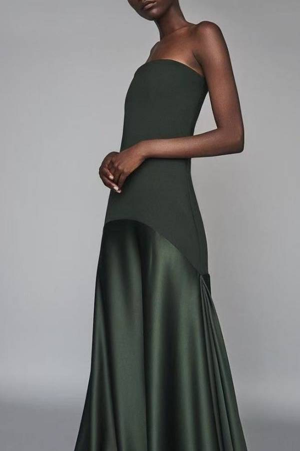 TIMELESS ELEGANCE SATIN PATCHWORK STRAPLESS FLARE GOWN MAXI DRESS
