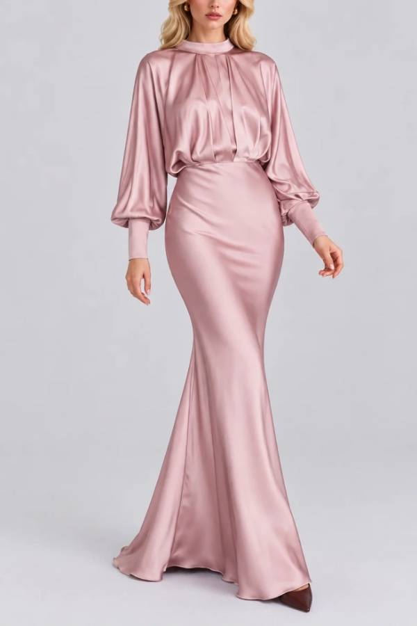 High Neck Bishop Sleeve Gathered Bodice Satin Maxi Dress