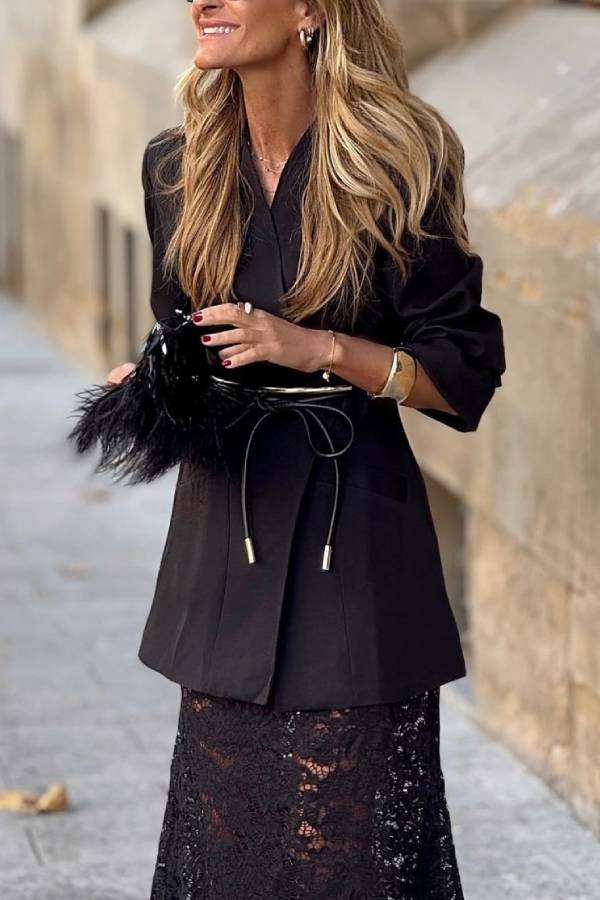 Black Lace Blazer and Skirt Set