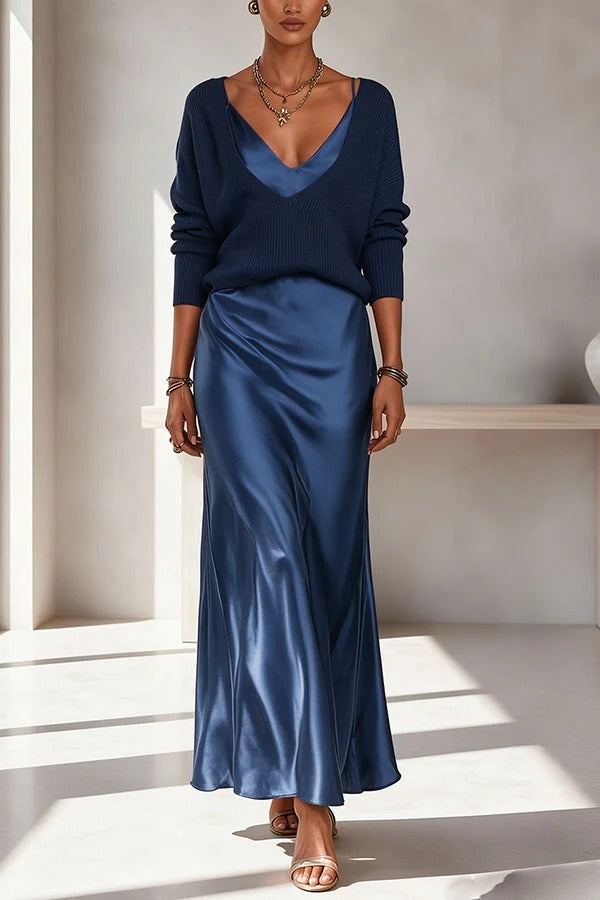 Velma Ribbed Knit V-neck Long Sleeve Relaxed Sweater and Satin Slip Midi Dress