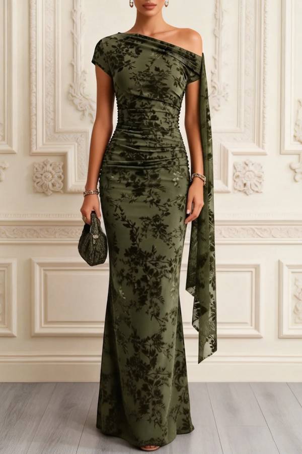Olive Green Floral Print Asymmetrical Off Shoulder Mermaid Maxi Dress