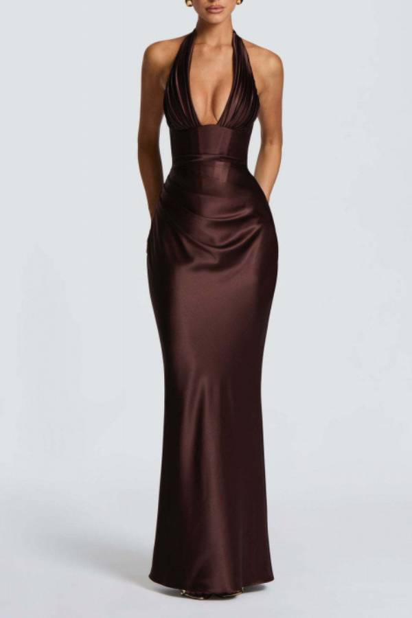 Halter Deep‑V Satin Mermaid Evening Maxi Dress