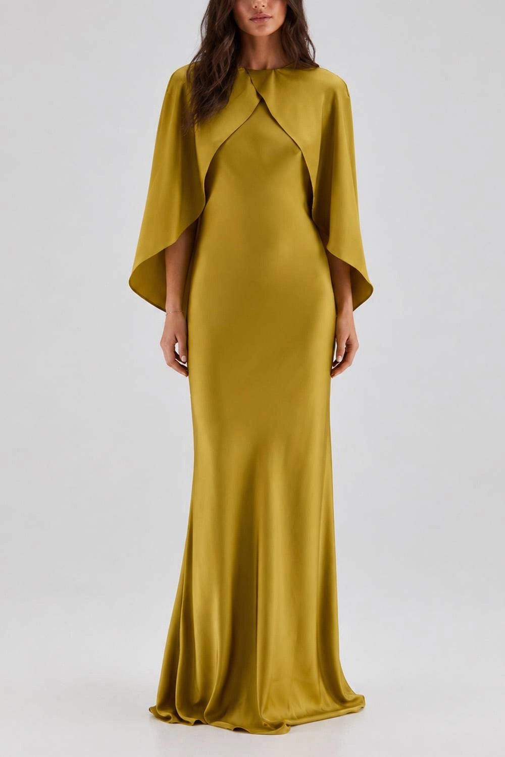 Cape Sleeve Satin Mermaid Maxi Evening Gown