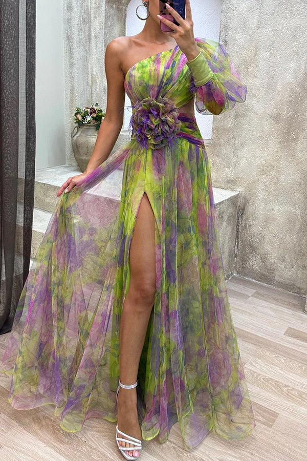 Floral Decor Chiffon Print One Shoulder Evening Gown Maxi Dresses