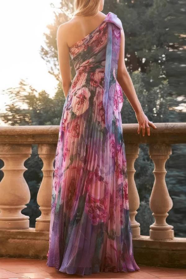 Watercolor Floral Print One-Shoulder Pleated Waist Long Evening Gown