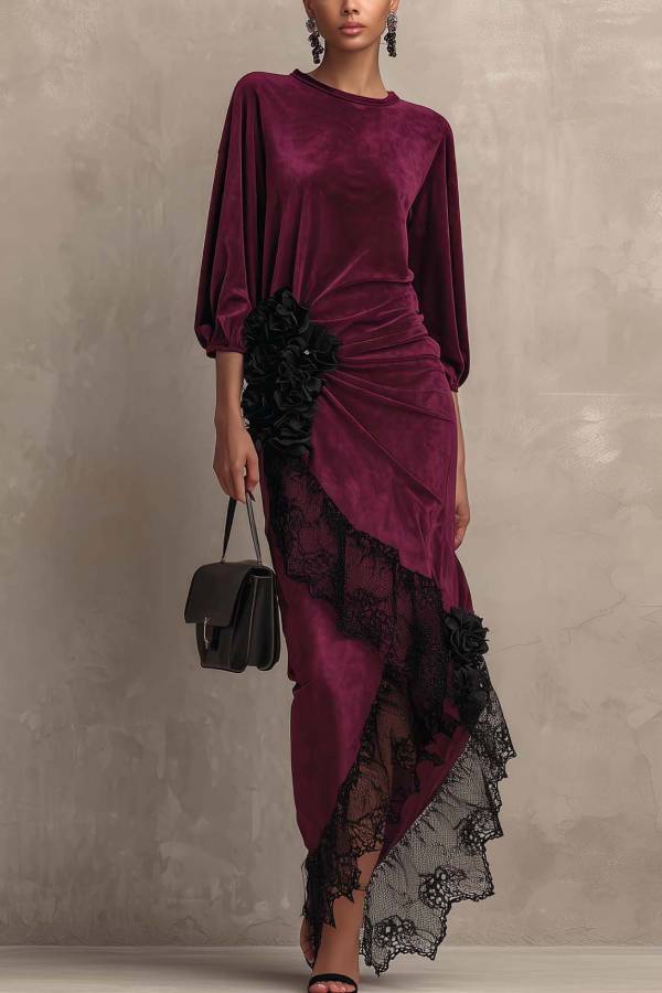 Deep Burgundy Velvet Maxi Dress With Waist Ruffled Black Flower And Lace Patchwork