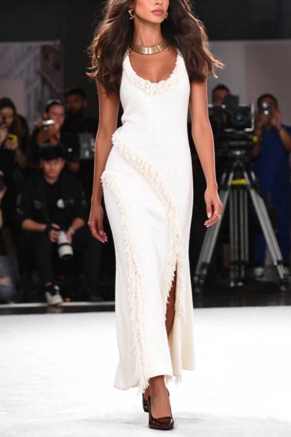 Tweed Knit Scoop Neck Sleeveless Fringe Trim Slit Maxi Dress