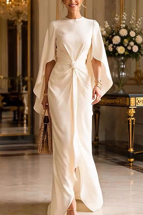 Falling for Her Bell Sleeve Knotted Waist Slit Drape Maxi Dress