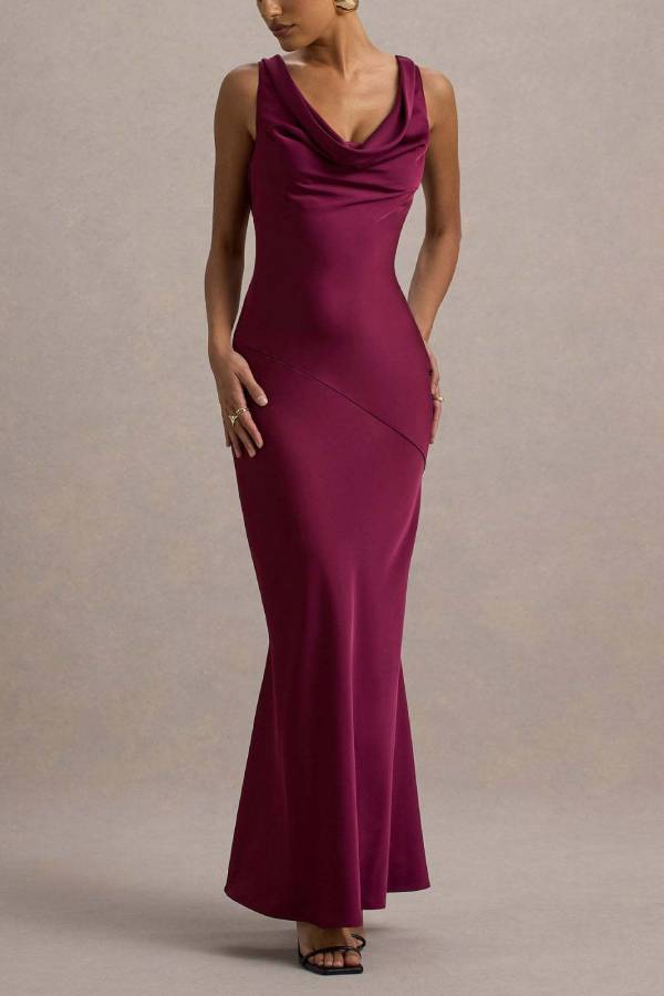 Cowl Neck Open-Back Satin Mermaid Gown