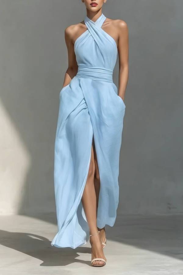 Halter Cross-Wrap Waist Slit Maxi Dress