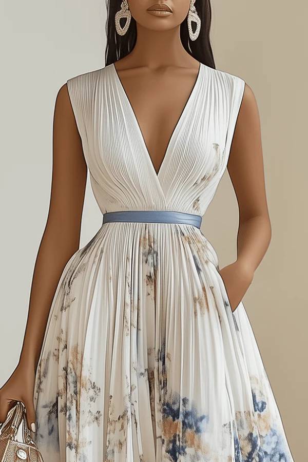 Spring New White Pleated Floral Chiffon V Neck Sleeveless A-Line Midi Dress