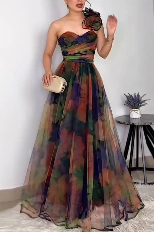One-Shoulder Floral Print Organza Evening Gown