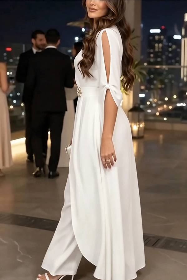 Tassa Half Slit Sleeve Metal Flower High Low Hem Top and Elastic Waist Wide Leg Pants Set
