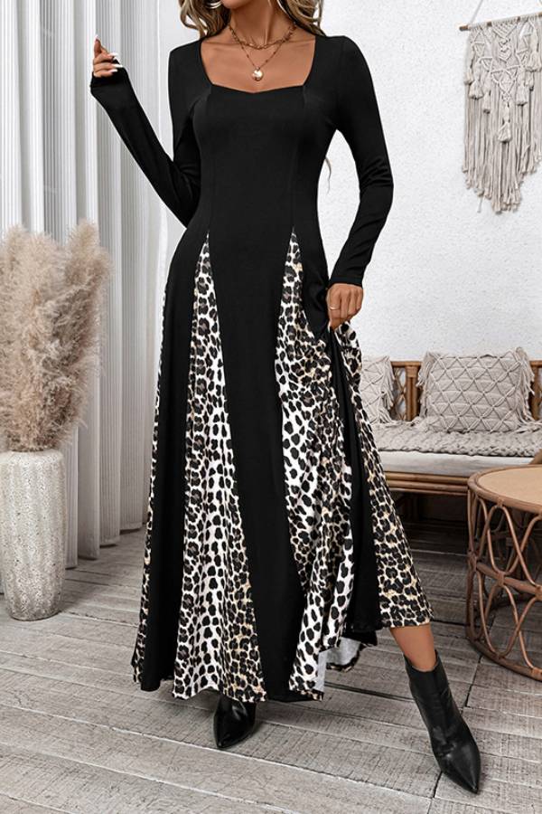 Square-Neck Patchwork Leopard Print Long Dress