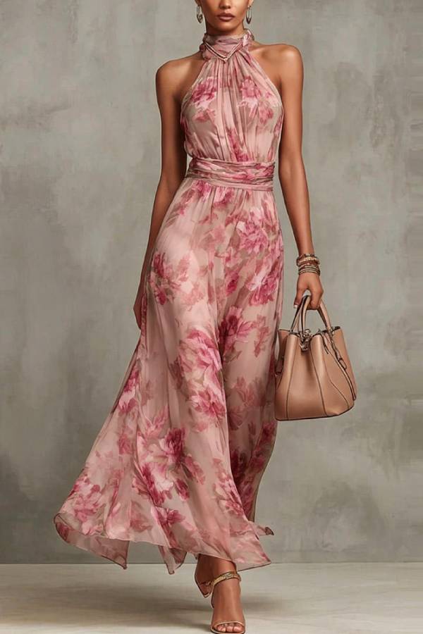 Halter Neck Watercolor Floral Print Chiffon Maxi Dress