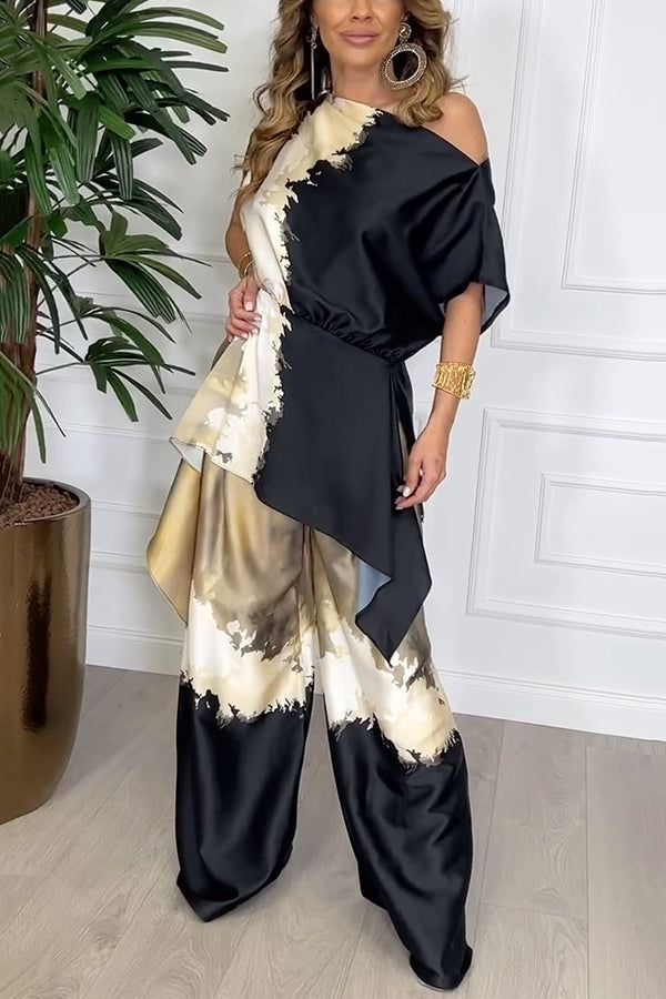Bellen Satin Unique Print Wide Sleeve Irregular Top and Elastic Waist Wide Leg Pants Set