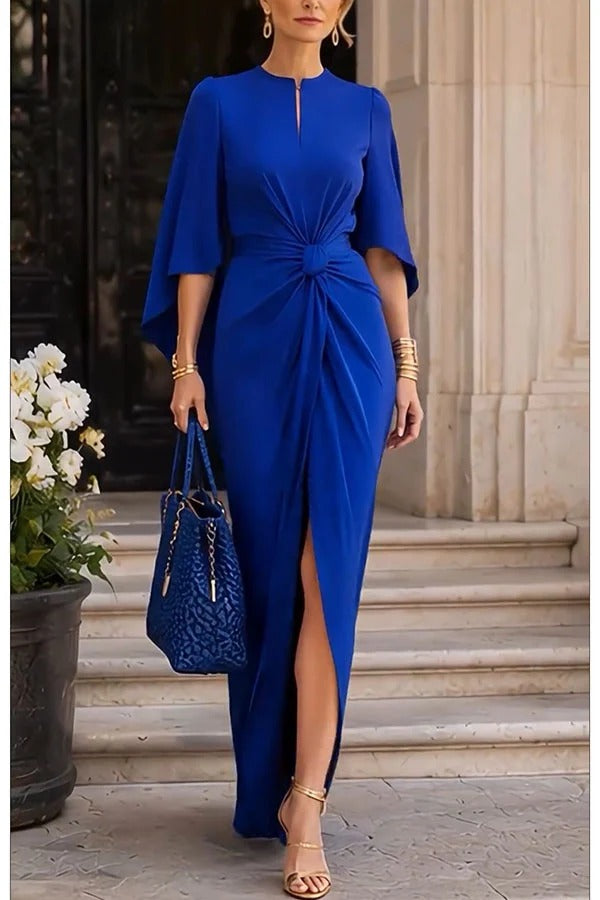 Falling for Her Bell Sleeve Knotted Waist Slit Drape Maxi Dress