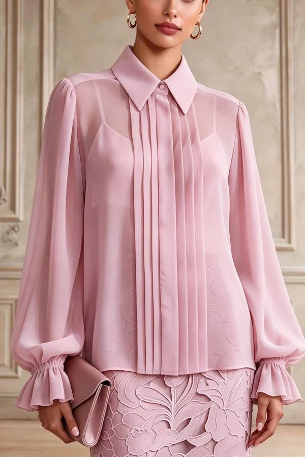 Becka Chiffon Pleated Lantern Sleeve Blouse and High Rise Embroidered Floral Pencil Skirt Set