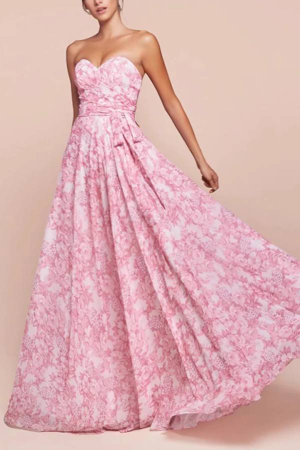 Strapless Floral Chiffon Bridesmaid Maxi Dress