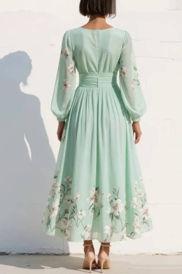 Light Green V-Neck Chiffon Pleated Floral Midi Dress