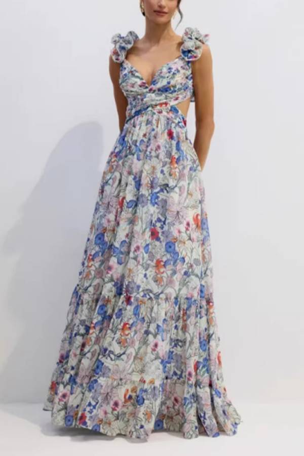 Whimsy Grace Tulle Floral Ruffle Detail Back Lace-up Pleated Maxi Dress