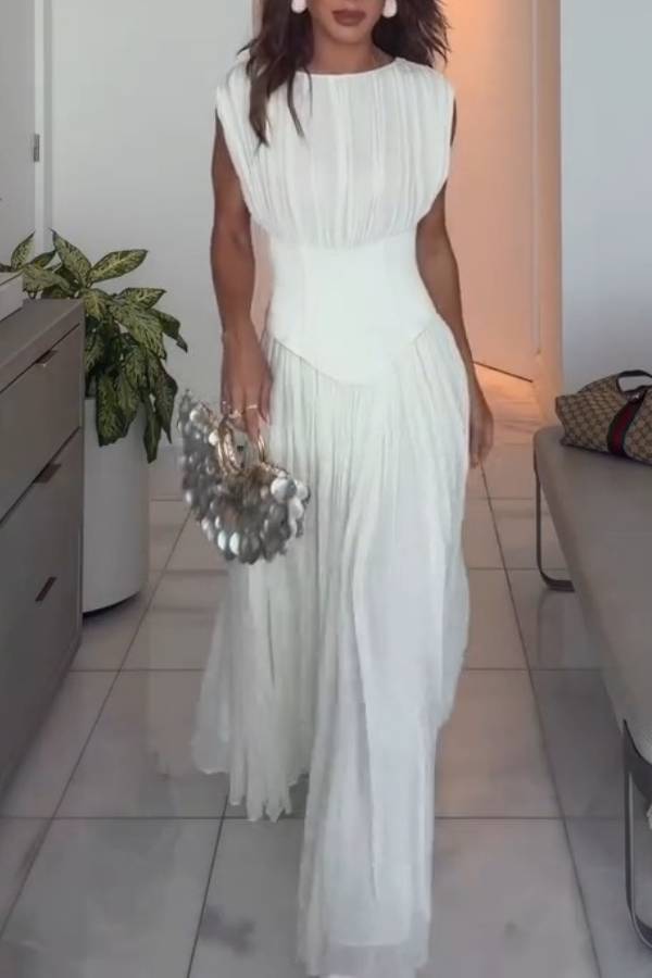 Boned Corset Waist Pleated Sleeveless Maxi Dress