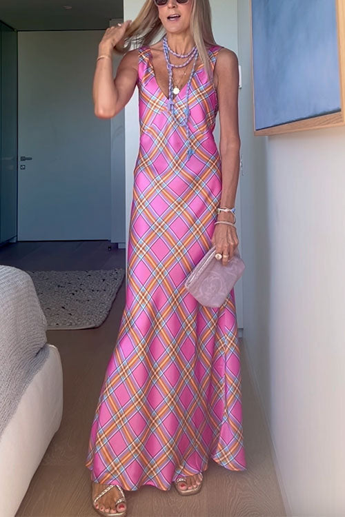 V Neck Sleeveless Plaid Maxi Dress