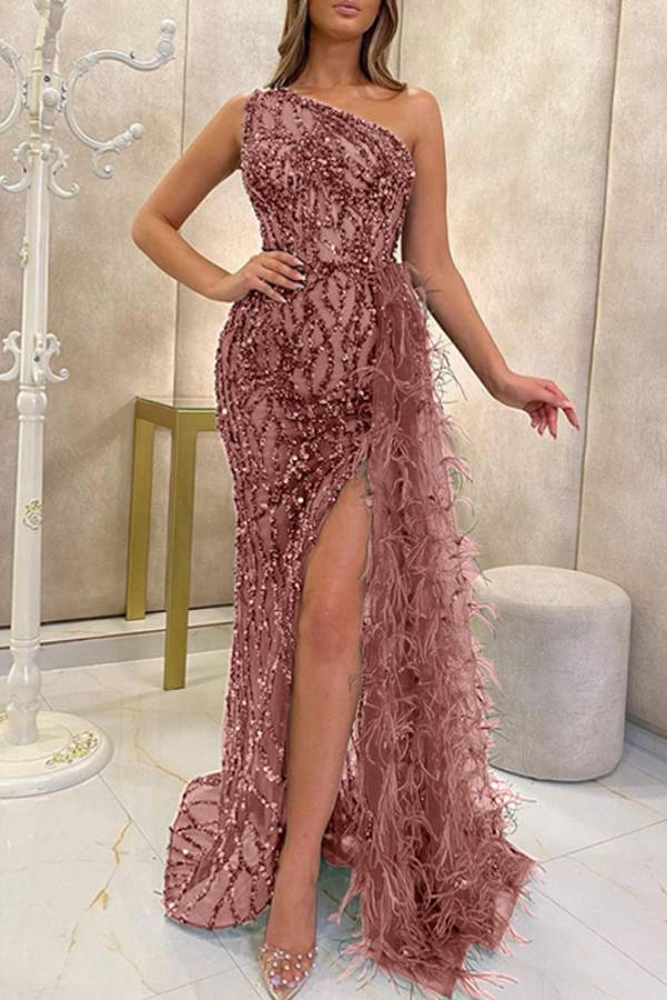 One Shoulder Sequin Feather Slit Mermaid Evening Gown