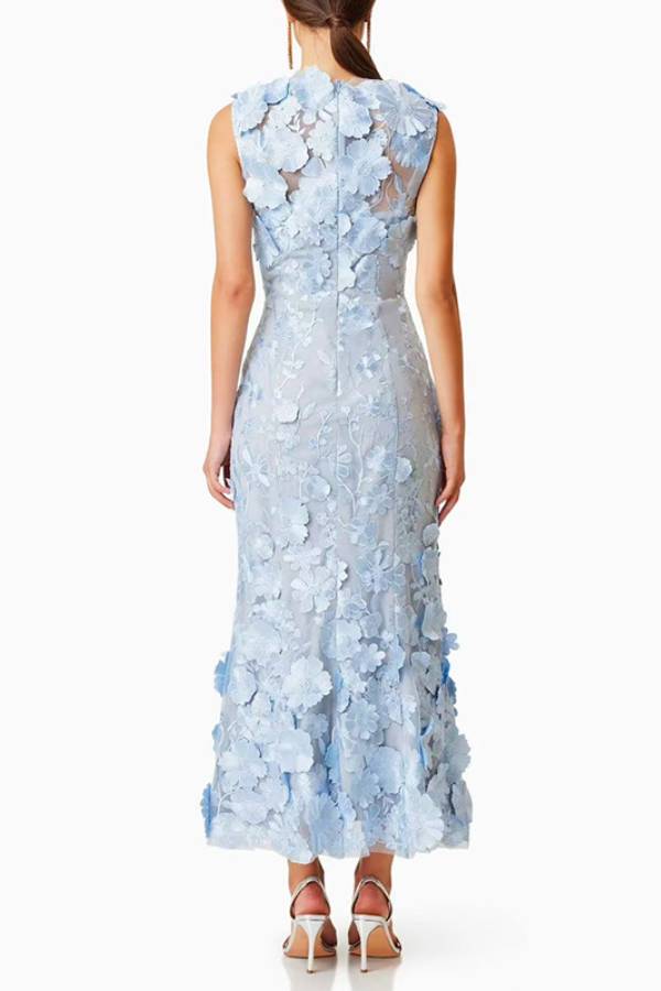 Light Blue 3D Floral Sleeveless Midi Mermaid Dress