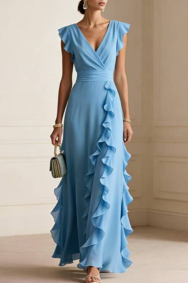 V‑Neck Ruffle Cap Sleeve Wrap Waist Chiffon Long Evening Dress
