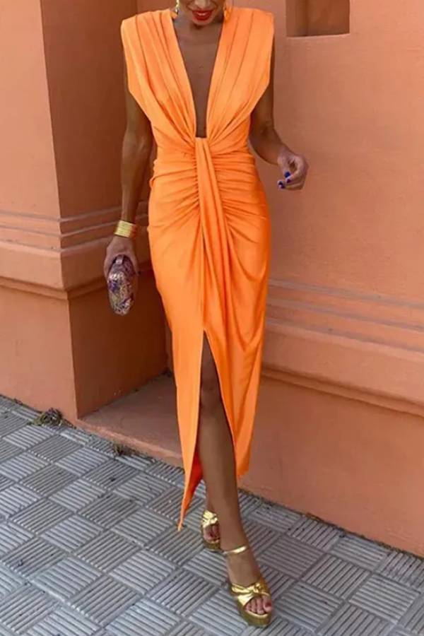 Deep V Twist Ruched Slit Maxi Evening Dress