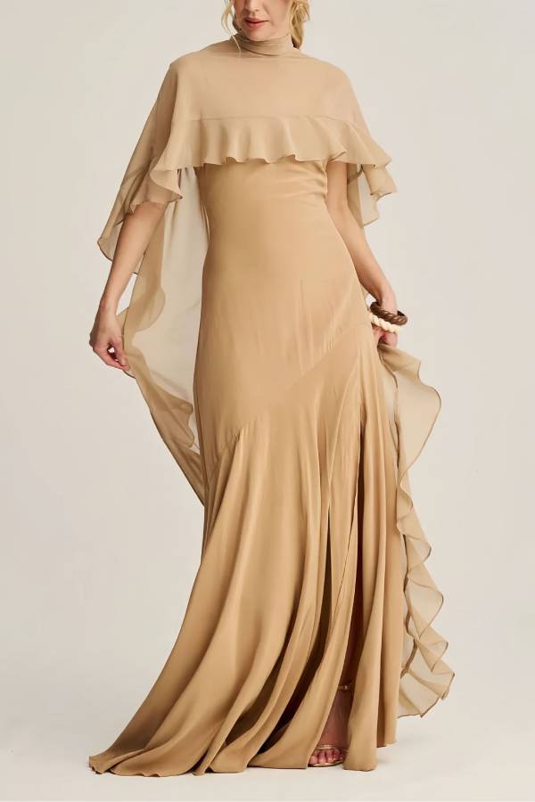 Satin Slit Maxi Dress With Ruffle Cape Two Piece Set