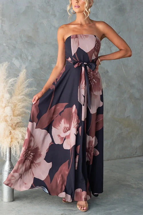 Strapless Tie Waist Floral Print Flowy Maxi Dress