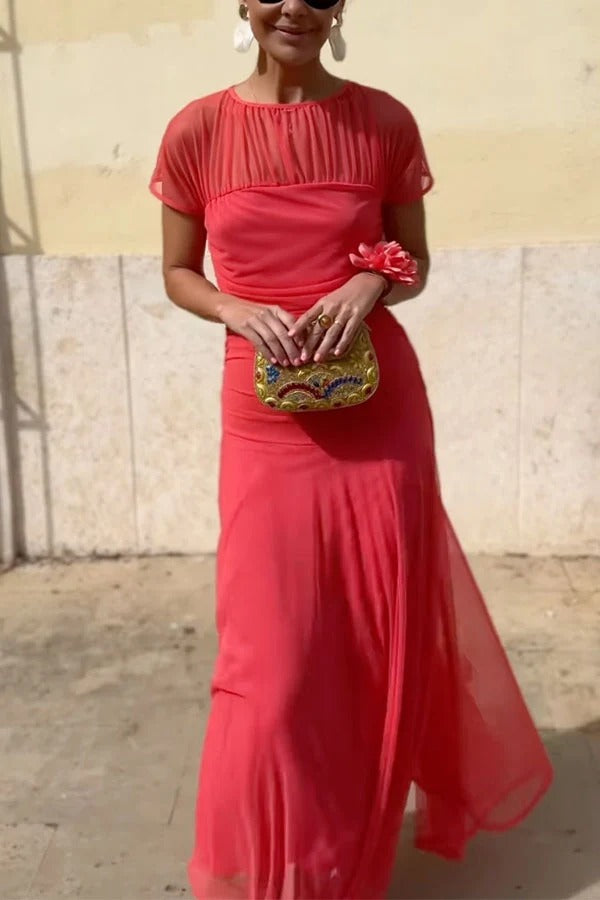 Chic Illusion Yoke Short Sleeve Flowy Long Dress