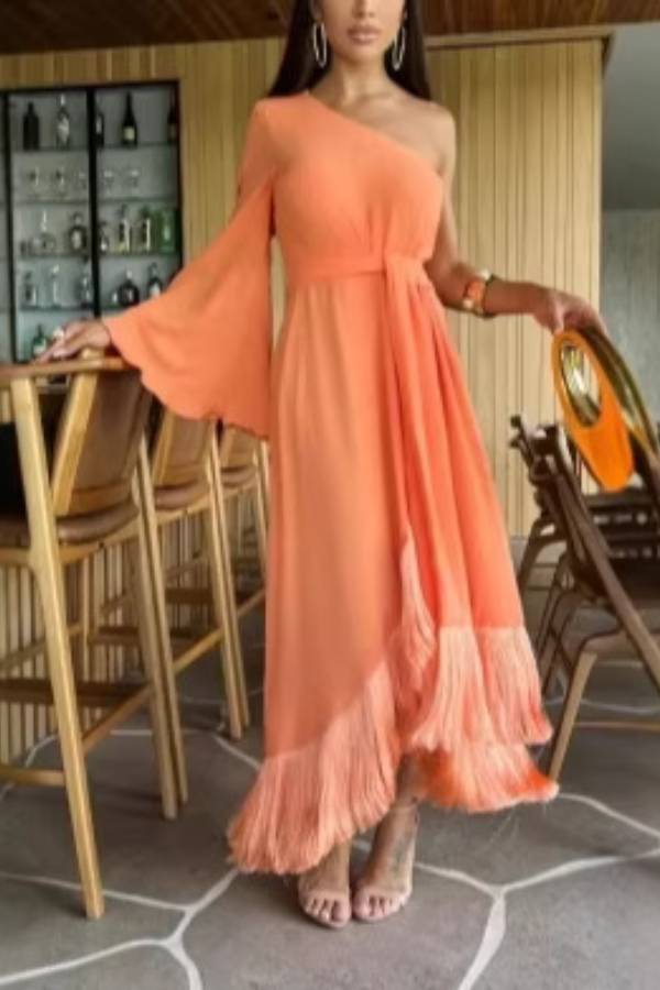 One Shoulder Bell Sleeve Fringe Maxi Dress Self Tie Waist Asymmetric Slit Party Vacation Long Gown