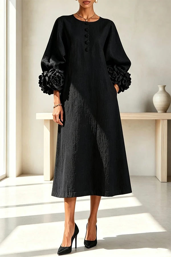 Rima Linen Blend Flowers Button Down Floral Cuffs Half Sleeve Pocket Midi Dress
