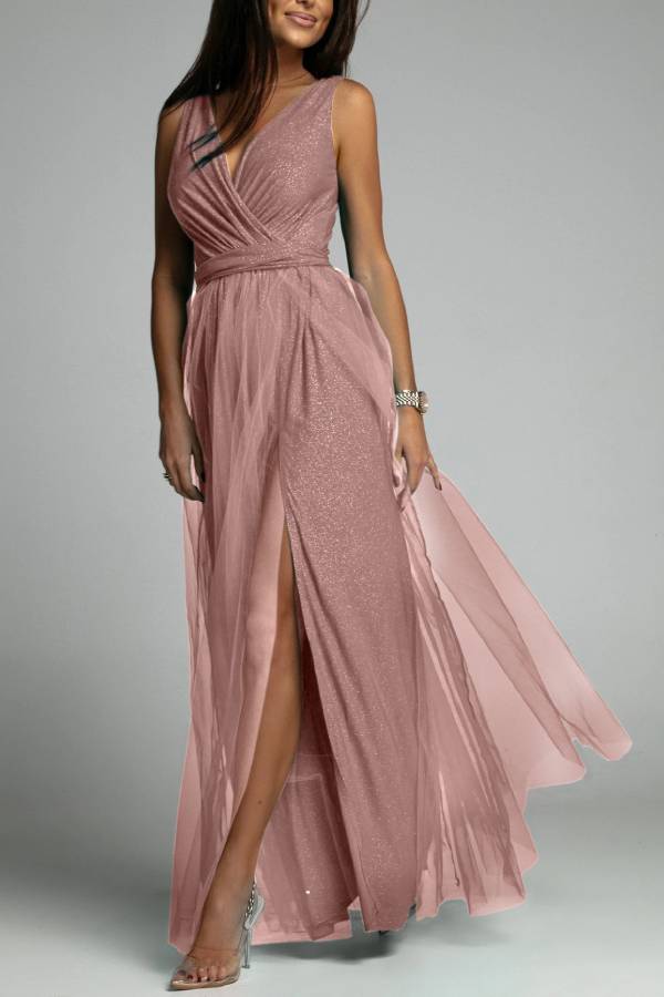 V-neck shiny high-slit long dress