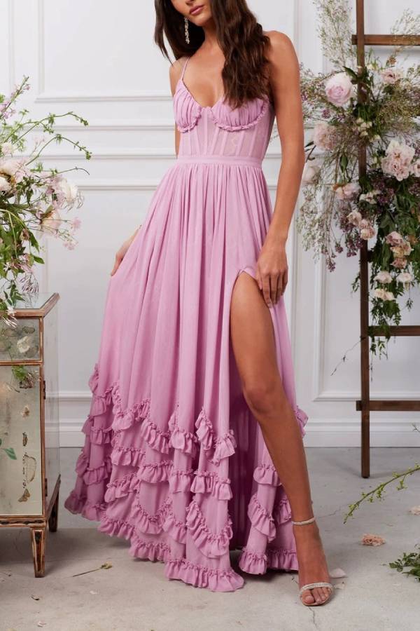 Multi-Color Spaghetti Strap V-Neck Ruffle Slit Maxi Formal Dress