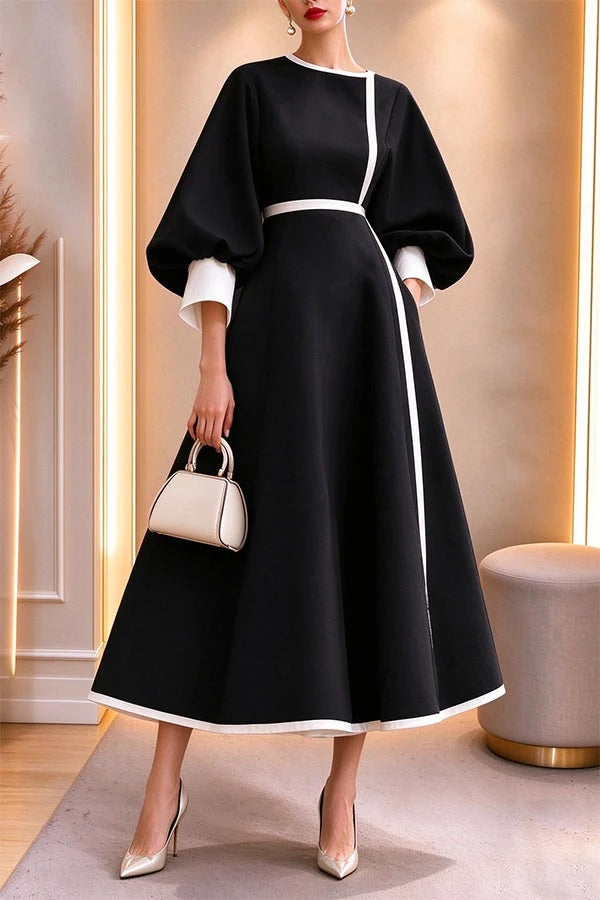 Elegant Color-block Lantern Sleeve Cinched Waist Pocketed Mid Dress