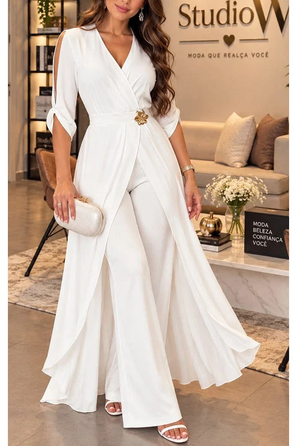 Tassa Half Slit Sleeve Metal Flower High Low Hem Top and Elastic Waist Wide Leg Pants Set