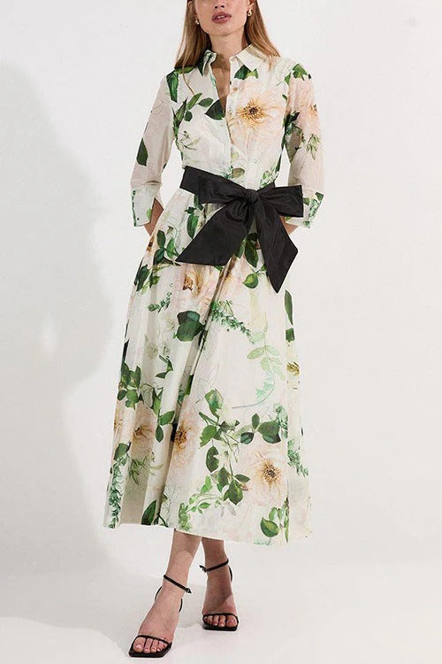3/4 Sleeves Button Up Wild Rose Print Shirt Maxi Dress