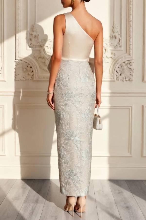 Champagne Ivory Floral Bow Satin One Shoulder Sleeveless Maxi Dress