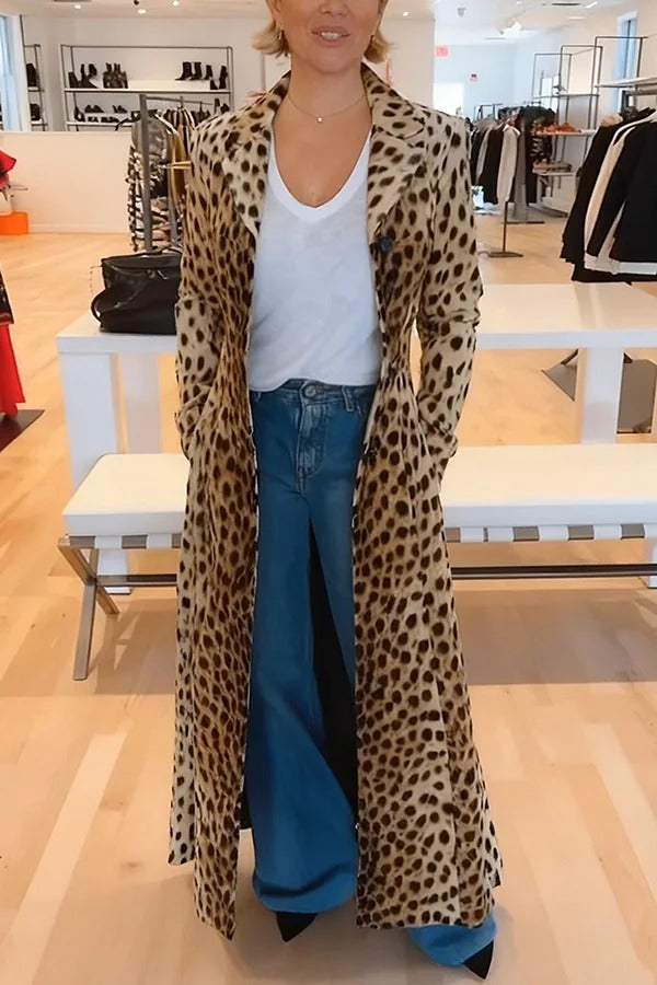 Leopard Print Long Sleeve Pocket Casual Maxi Trench Coat