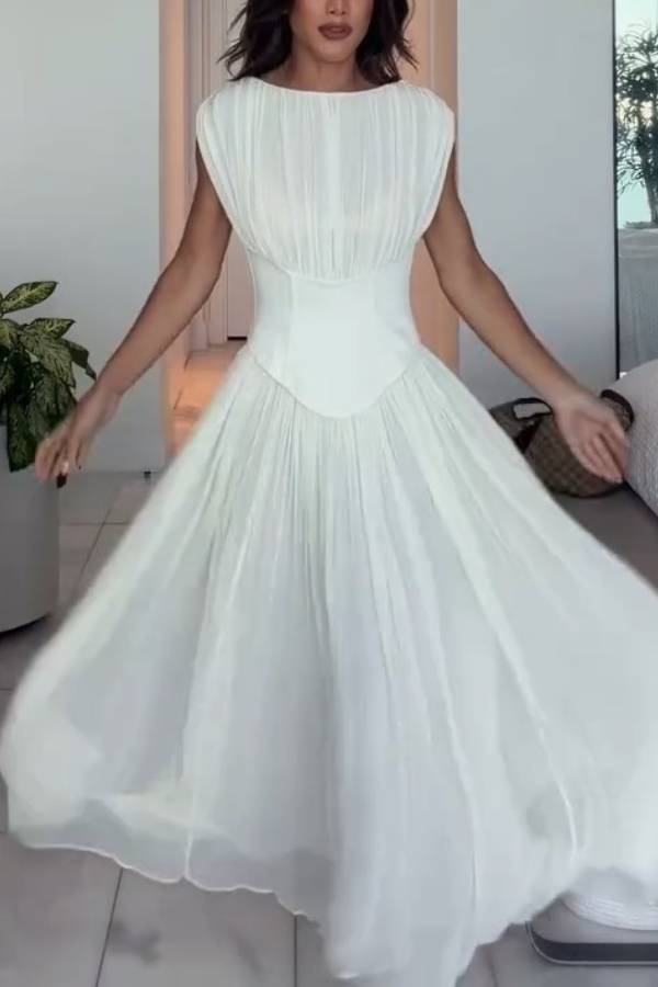 Boned Corset Waist Pleated Sleeveless Maxi Dress