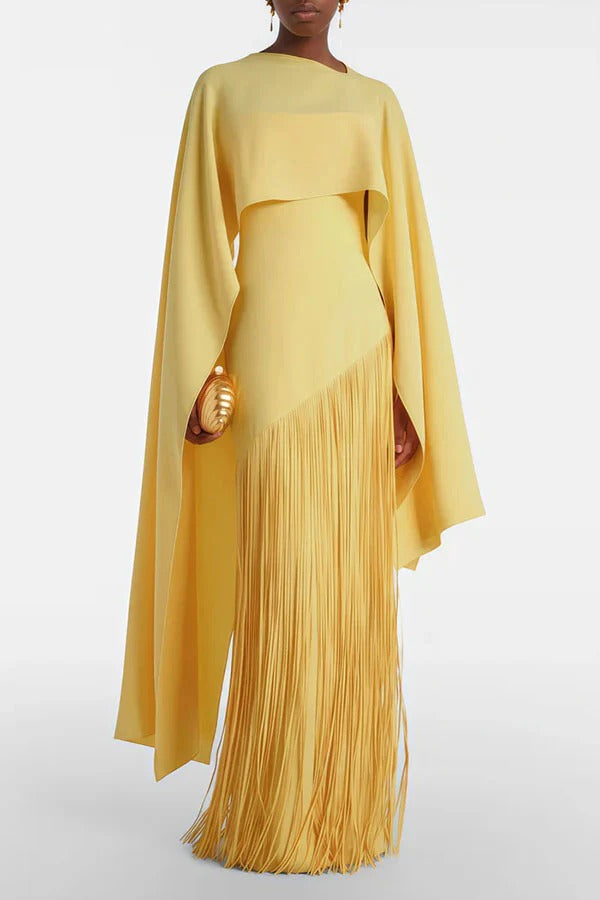 Cayetana Detachable Shawl Detail Fringed Hem Gown Maxi Dress