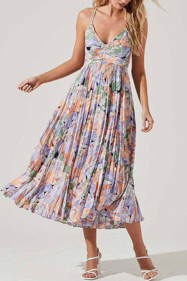 Watercolor Floral V-Neck Spaghetti Strap Pleated Midi Dress