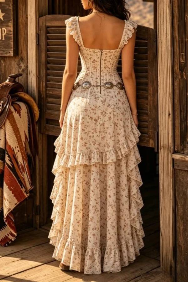 Bohemian floral ruffled tiered high-slit maxi dress